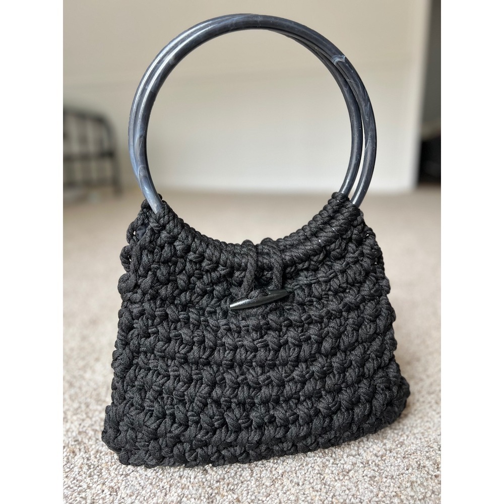 Vintage Crochet Hobo Bag Black Knitted Purse Circle Handle‎ Boho Chic